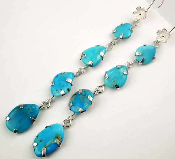 Sleeping Beauty Turquoise Statement Earrings Slice Long Dangle Earrings Sterling Silver Prong Set Shoulder Duster Luxury  Fashion