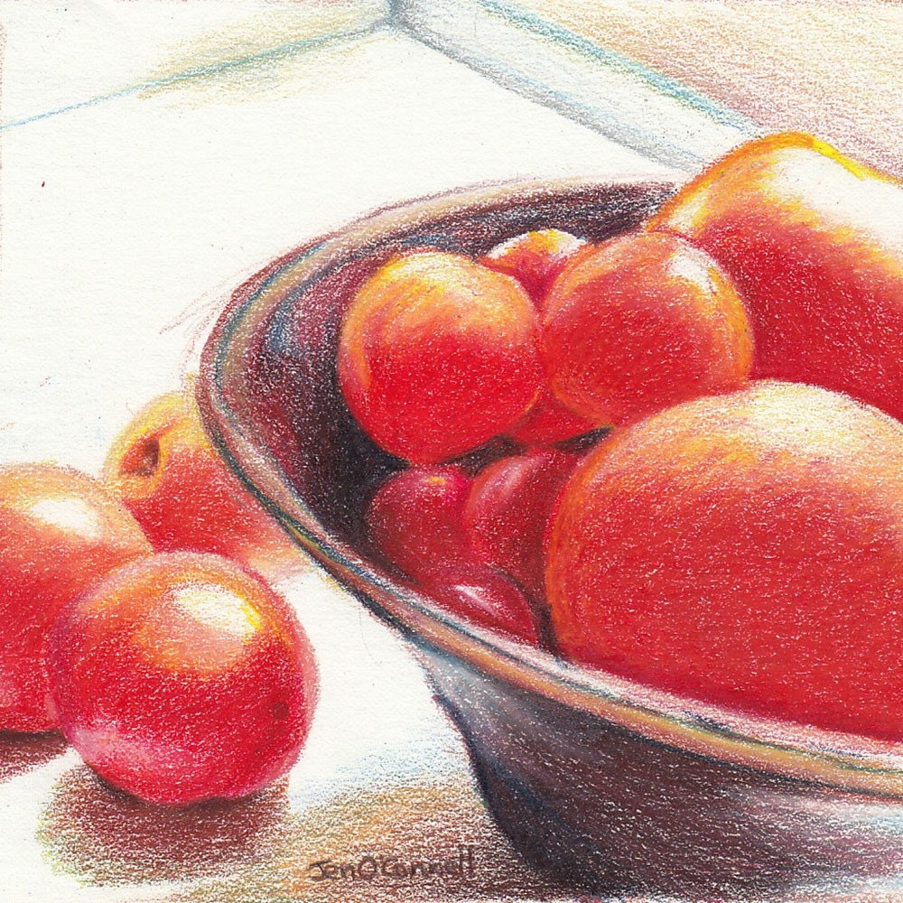 Bowl of Tomatoes-Original Colored Pencil Drawing - jensartshop