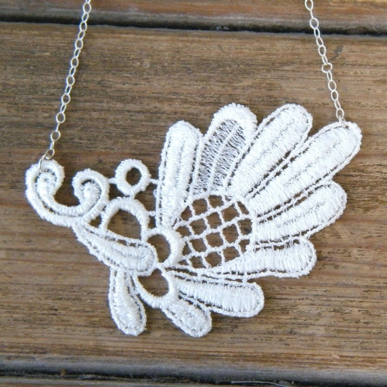 White Wildflowered Lace Necklace with Sterling Silver Chain - Under 30 USD