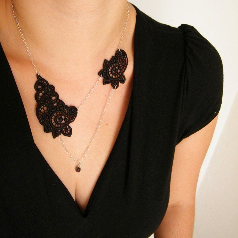 Romantic Black Lace Necklace with Crystal Bead and Sterling Silver chain - Last One