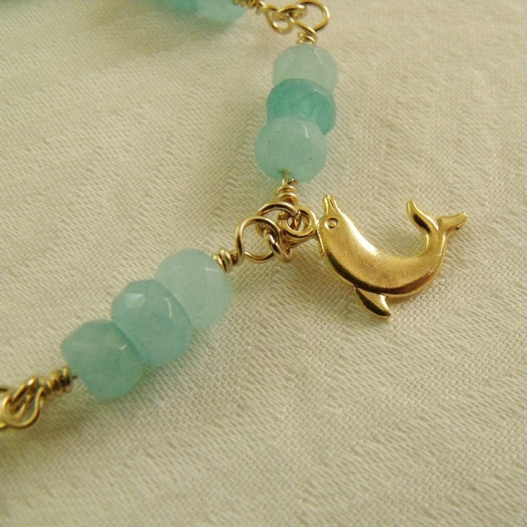 Quartz Aquamariny Bracelet with 14 karat gold filled Wire and Dolphins