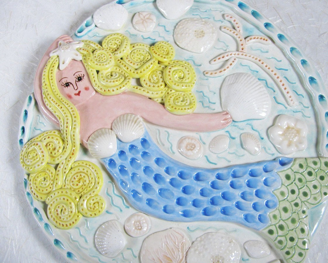 Hand Made Clay Sea Mermaid Wall Tile