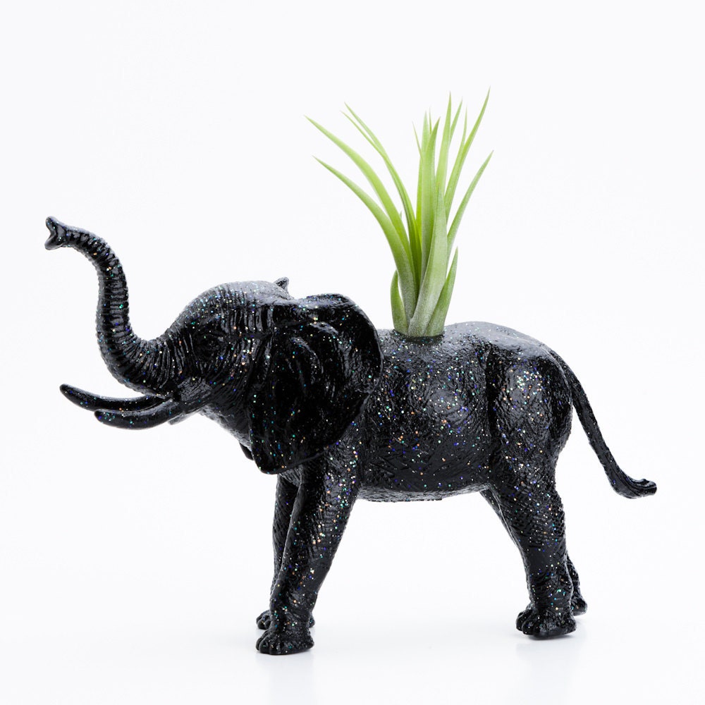 Elephant Planter with Air Plant Room Decor, College Dorm Ornament, Plants and Edibles, Black Glitter, Geekery