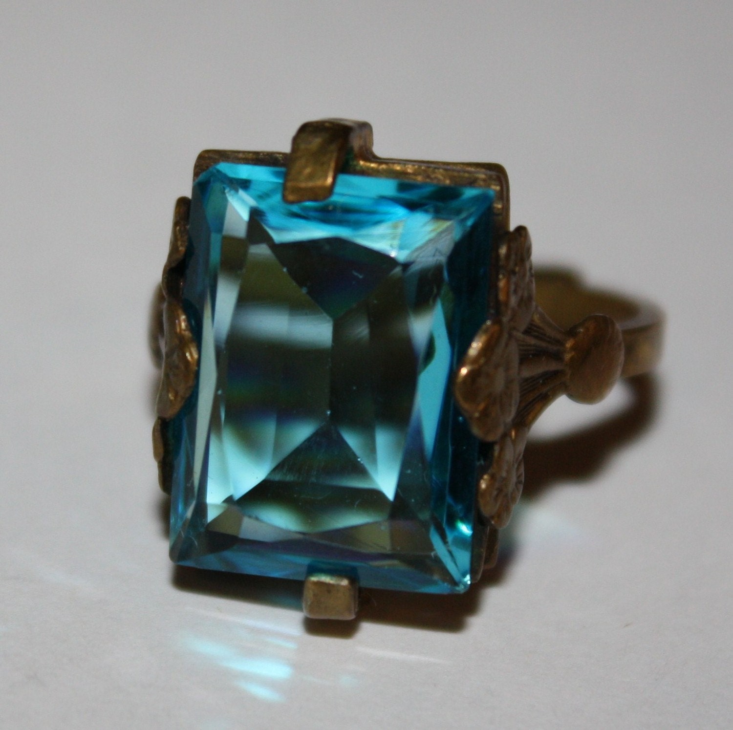 ANTIQUE Edwardian Victorian Blue Zircon Glass Brass Ring