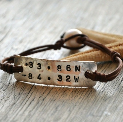 Pearl and Leather Bracelet Nautical Code Longitude Latitude