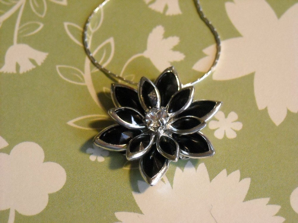 Sterling silver and black rhinestone flower necklace