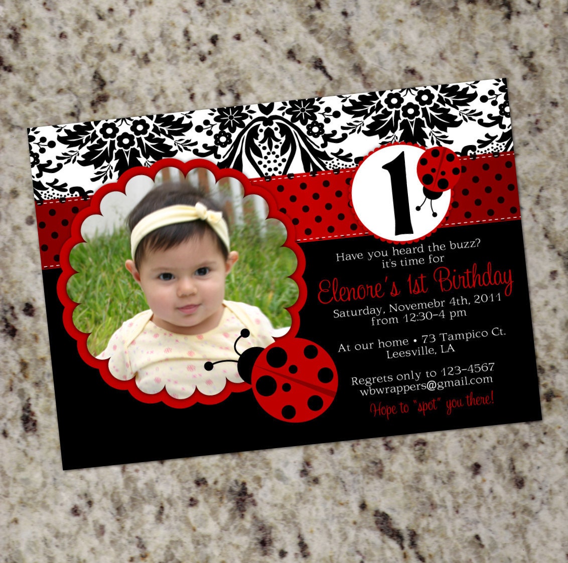 CHIC LADYBUG Invitation with Damask - Printable Design Il_170x135