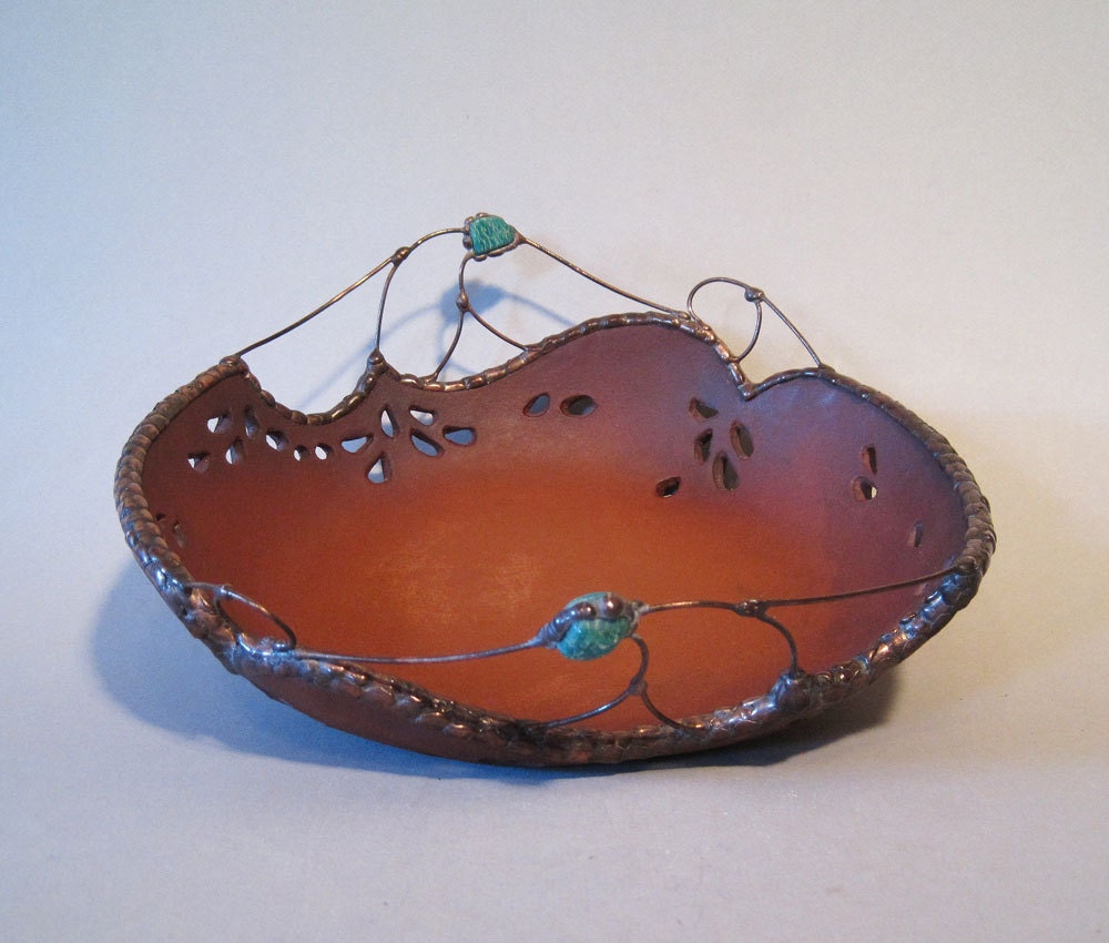 Large Decorative Pottery Bowl w/ Metal Work and Amazonite Stones, Fruit Bowl