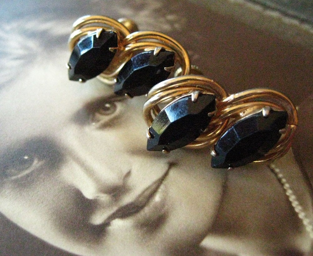 Swirling Jet and Gold Mid-Century Earrings