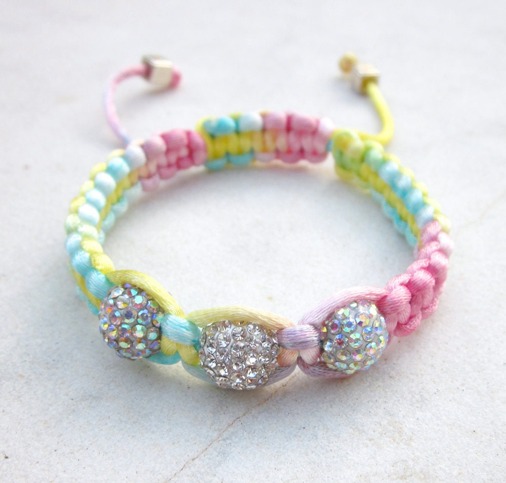 Friendship bracelet rainbow pastels macrame rhinestone disco ball beads