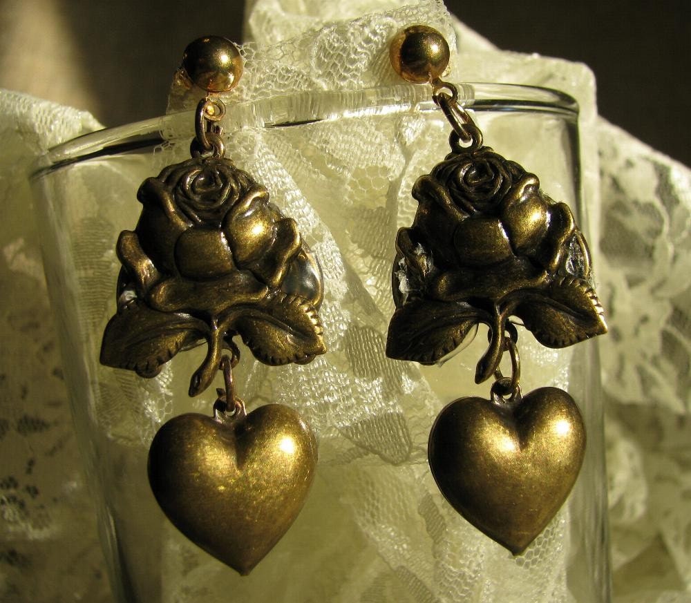 Hearts and Roses Brass Earrings