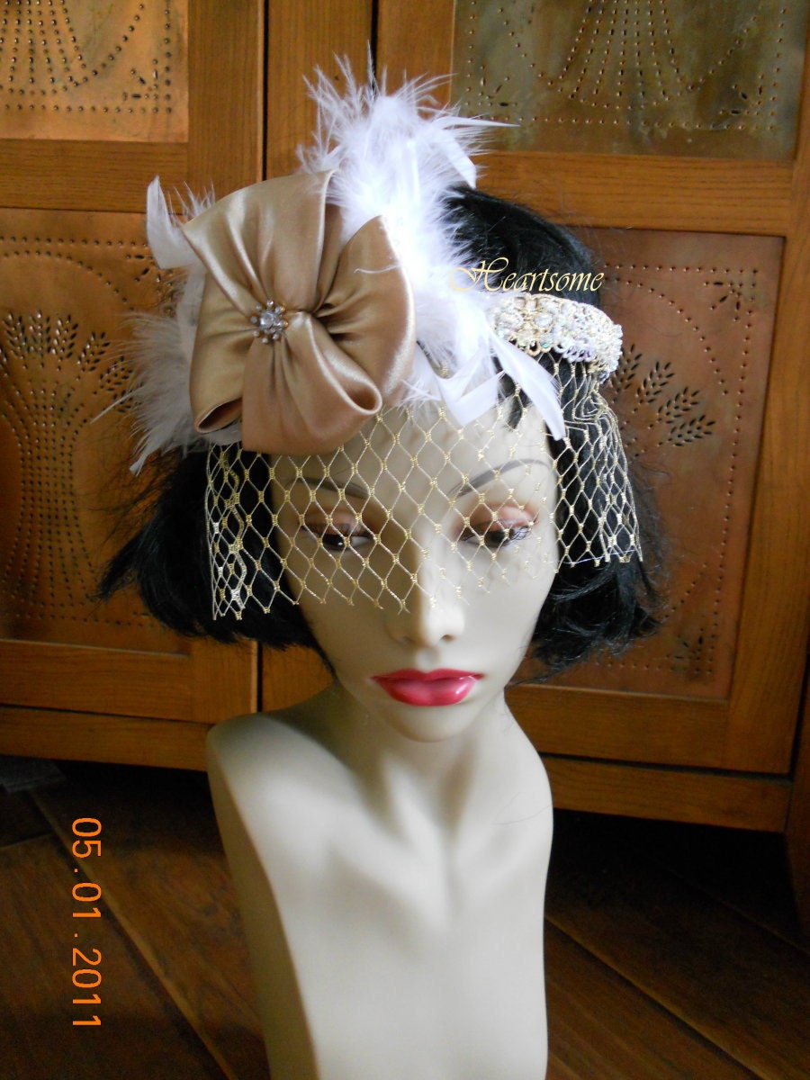 Headband veil blusher flapper 40s 20s gold white custom bride fascinator