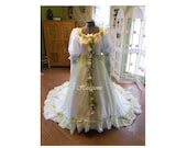 Vintage whimsical wedding dress gown fairy  fantasy w head wreath OOAK white apple green tulle woodland