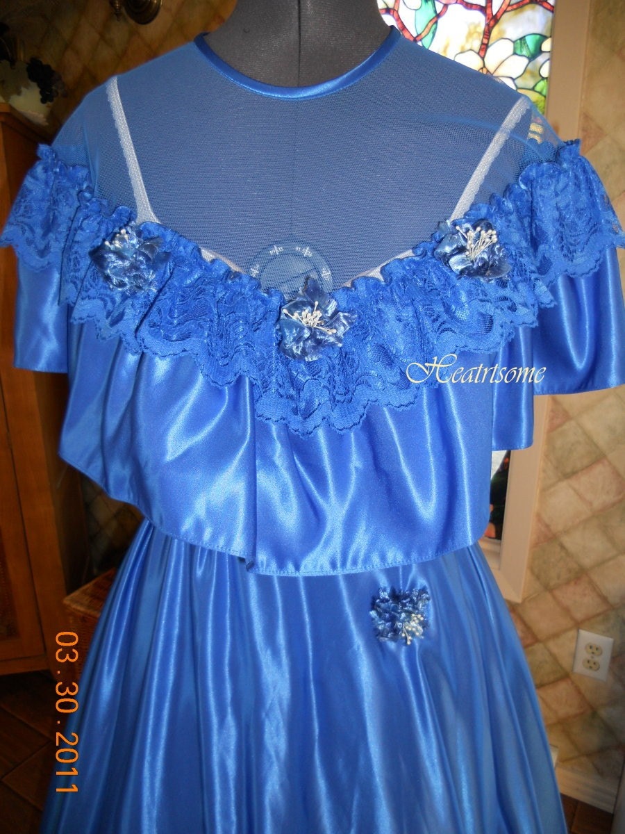 Vntg 70's 80s gown dress Southern Belle Victorian Ball Civil War Blue Free ship