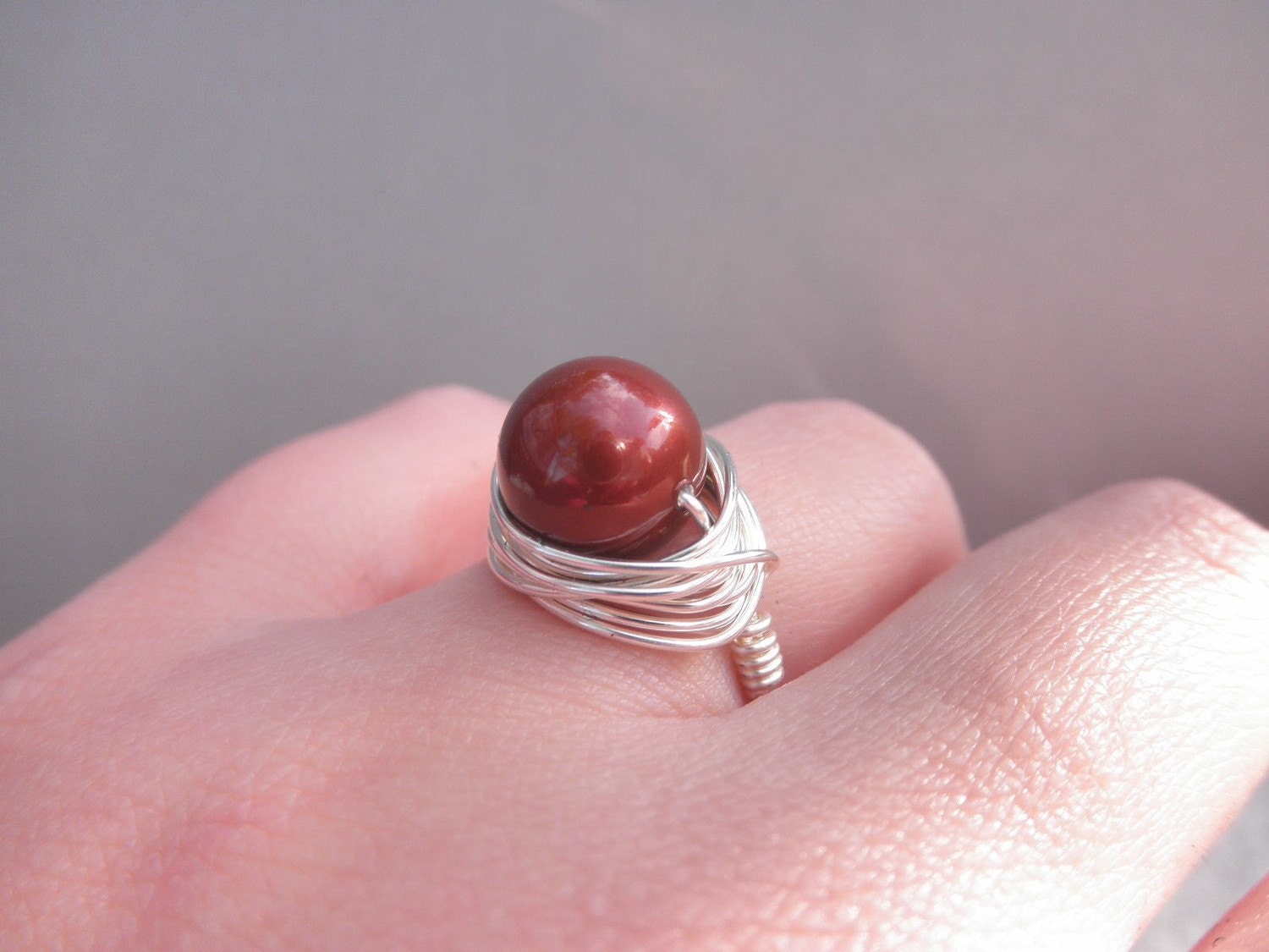 Wire Wrapped Ring Size 7 - Swarovski Pearl, Bordeaux, Wine, Burgundy, Plum, Ruby, Dark Red, Silver, Bright,  Simple, Cute, Classic, Romantic, Lovely, Holiday
