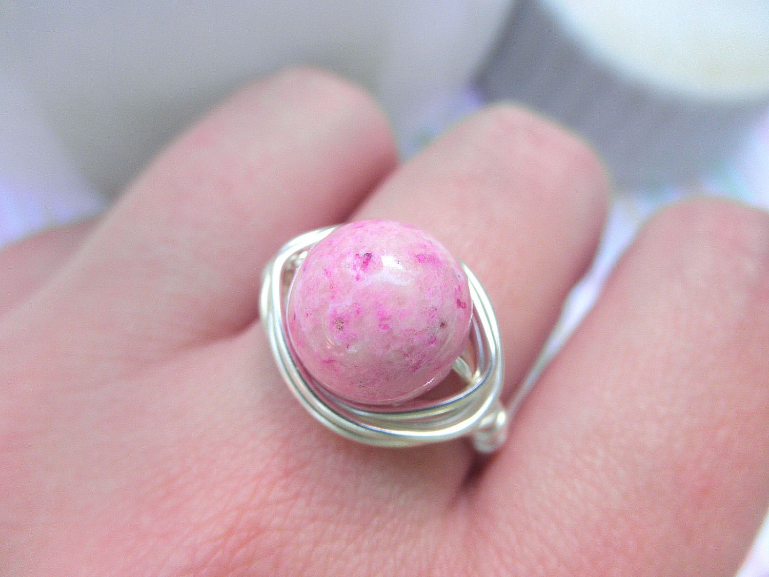 Wire Wrapped Ring - Size 7.5  - Custom Size - Pink, Baby Pink, Stone, Romantic, Lovely, Pastel, Summer, Fashion, Spring, Feminine, Colorful
