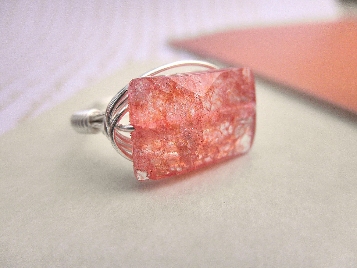 Wrapped Ring - Ice Flake Quartz - To Order - Terra, Brick, Blush, Orange, White,Unique, Summer, Handmade, Cute, Simple, Lovely, Romantic