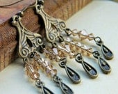 Antique Gold Earrings -  Swarovski Crystals - Mocca, Colorado, Brown, Bronze, Brass, Topaz, Bright, Night, Party, Women, Autumn, Fall