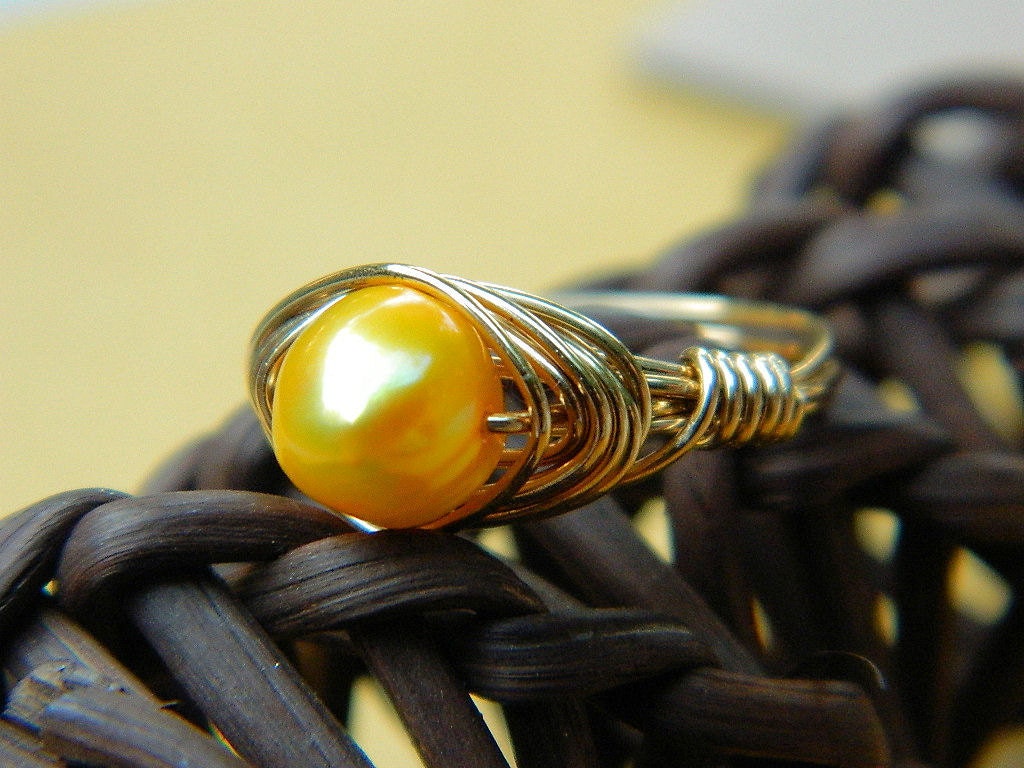 Wire Wrapped Ring - Size 6 - Freashwater Pearl, Yellow, Mustard, Amber, Banana, Rustic, Autumn, Fall, Bright, Round, Handmade