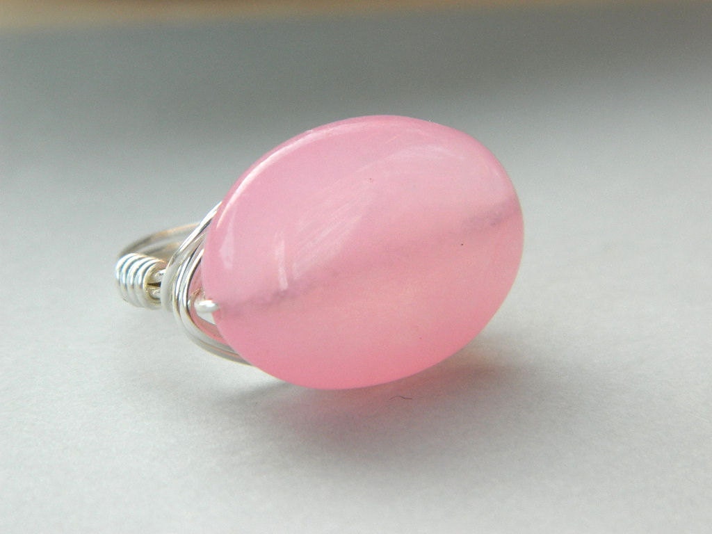 Pink Calcite Quartz Ring - Size 8.25 - Wire Wrapped, White, Pink, Baby Pink, Silver, Bridesmaid, Big, Heavy, Sweet, Quniceanera, Cute
