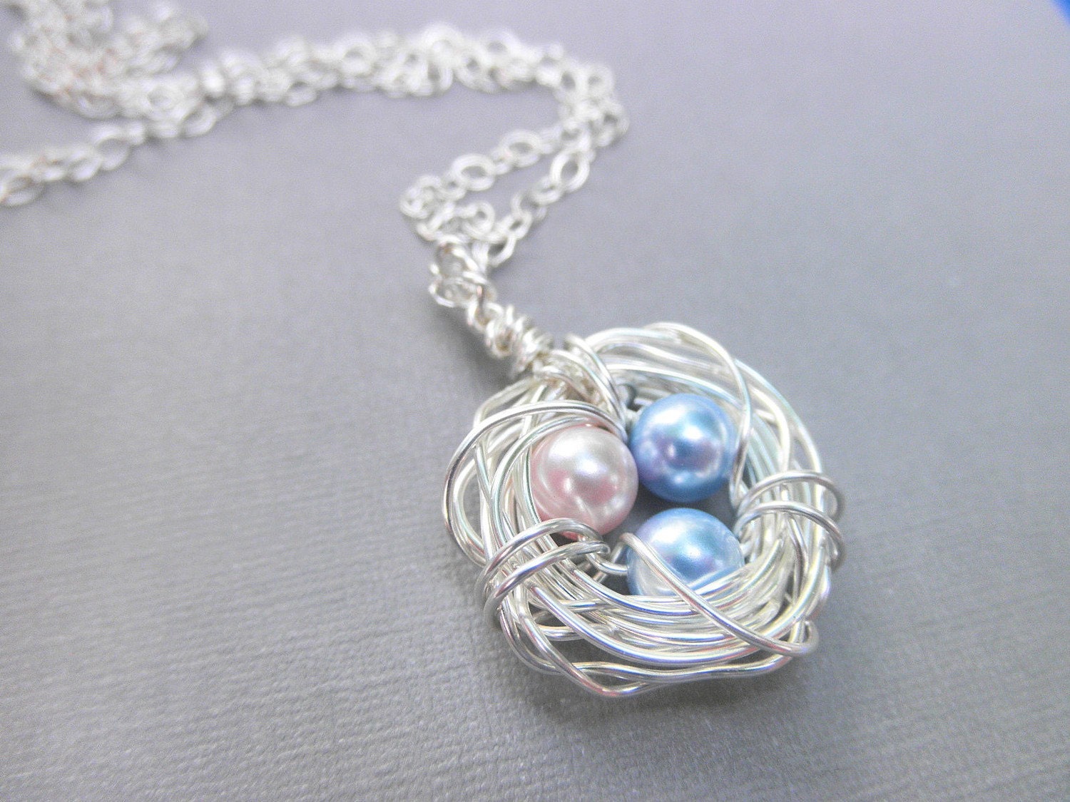 Three Child Bird's Nest Necklace -- Three Kids, Pearls, Blue, Baby Blue, Pink, Pastel, Easter, Egg, Sister, Brother, Mother's Day