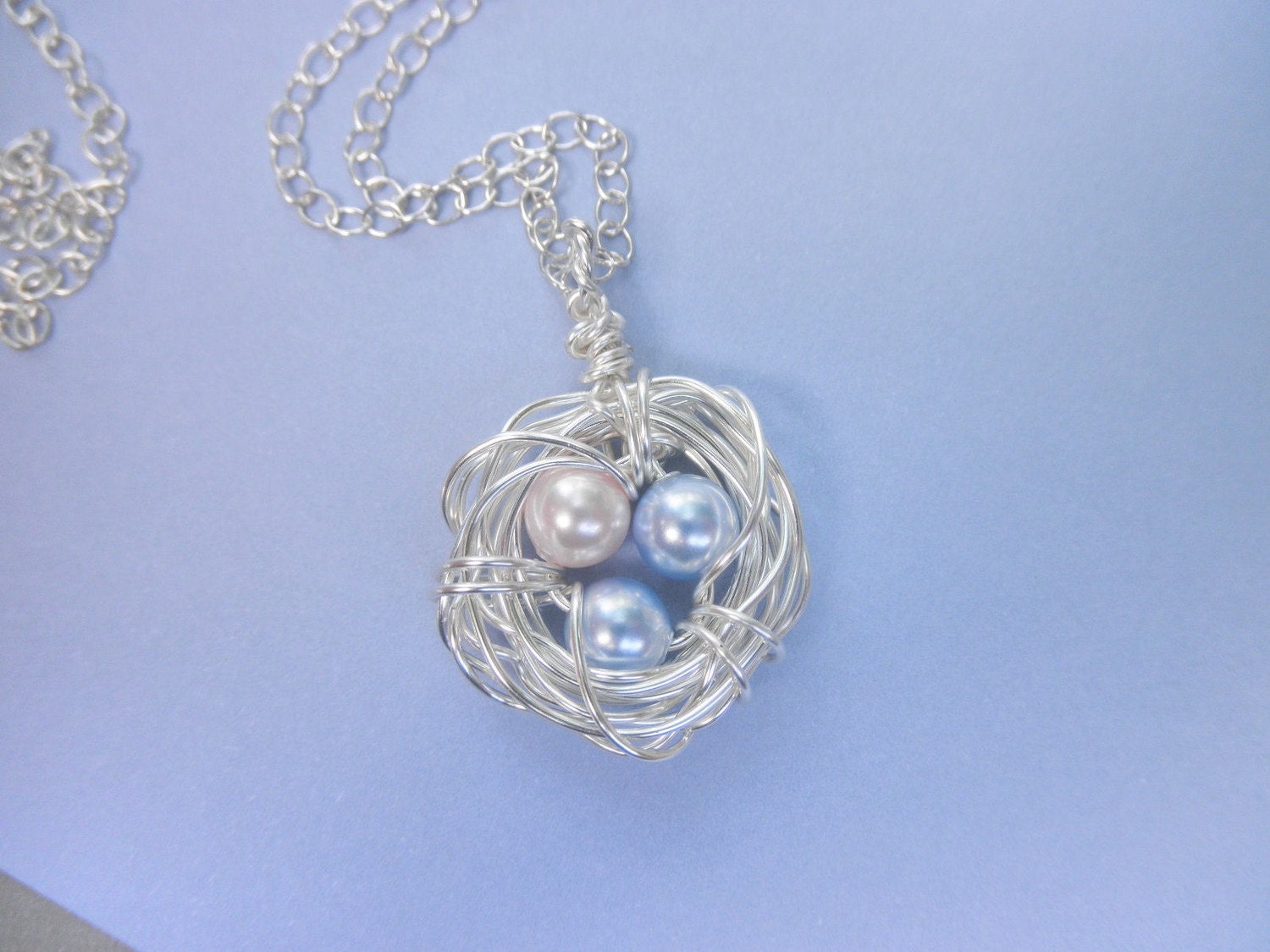 Three Child Bird's Nest Necklace -- Three Kids, Pearls, Blue, Baby Blue, Pink, Pastel, Easter, Egg, Sister, Brother, Mother's Day