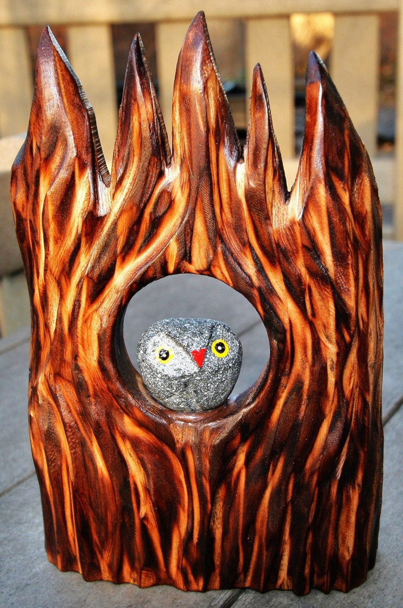 Upcycled Stone owl resting byt the tree hole - Bird House love birds egg nest gift for mom gift for her nursery wall decor Birder friends