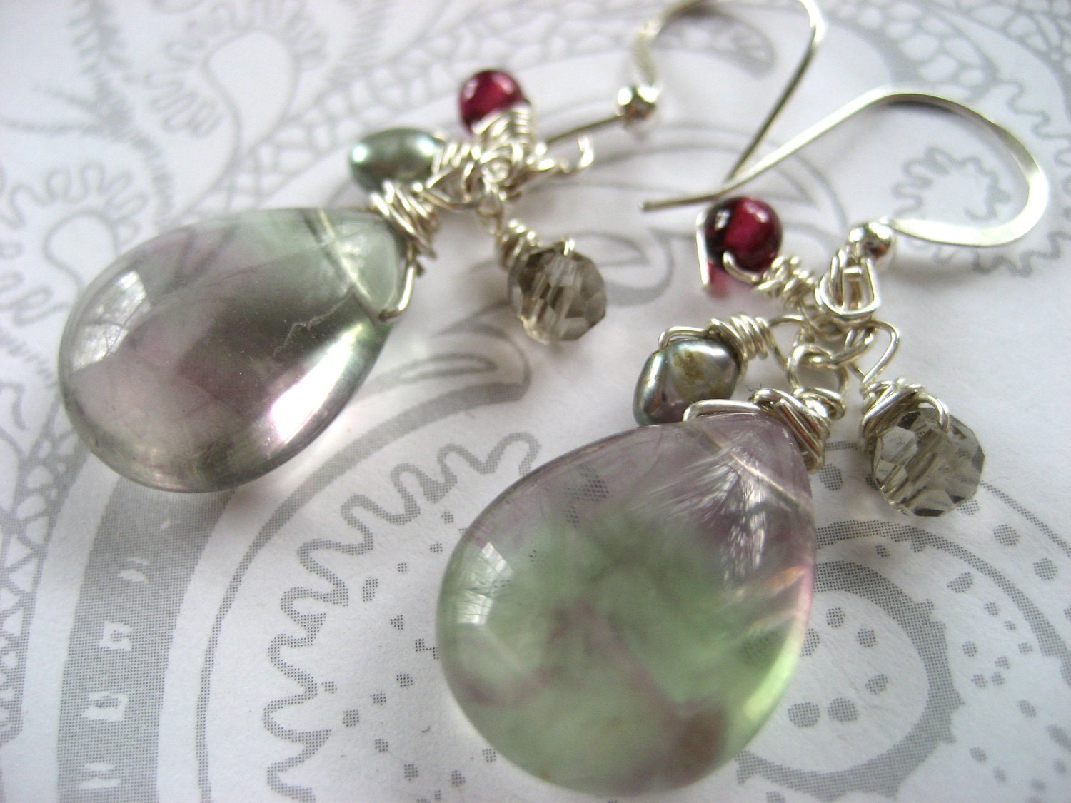 Diana Earrings - water blue and lilac purple fluorite, garnet, smokey quartz and freshwater pearls on sterling silver