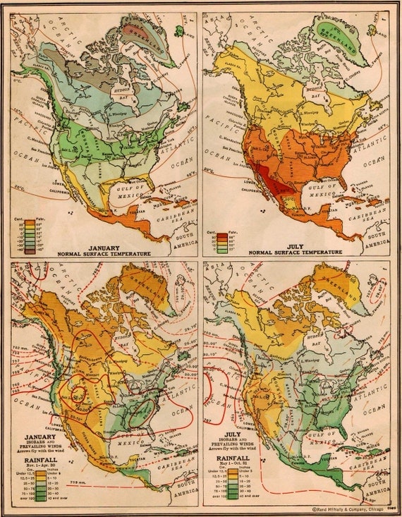 Store Closing (50% OFF) Vintage 1940s North America Temperatures and Rainfall Map. Ready to Frame. (No. 450)