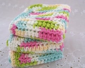 Wash Cloths, Dish Cloths, Cotton - Pink, Green, Blue, Cream - Crocheted 3 Piece Set "Sprightly"