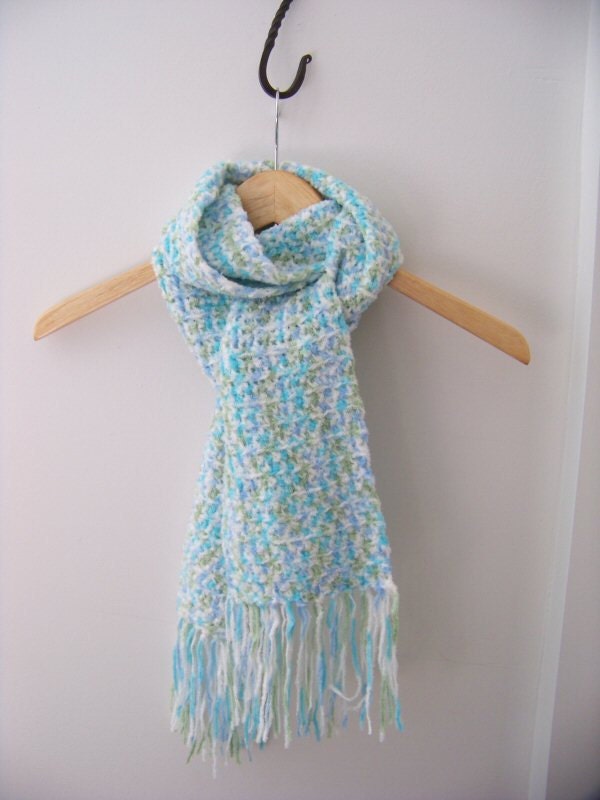 Frothy, light winter scarf in soft blue, white and mint green - WrensNestCreations