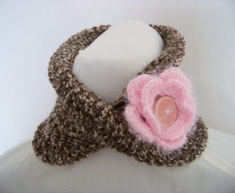 Infinity Scarf Cowl Neck Gaiter- Alpaca Blend Neck Warmer Dark Chocolate with Pink Flower