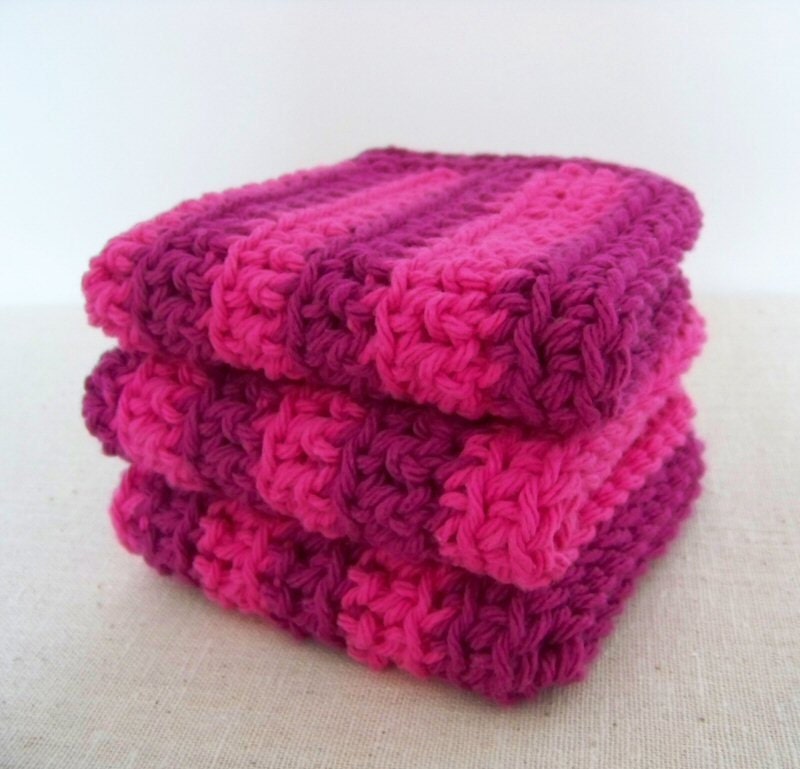 Wash Cloths, Dish Cloths, Cotton - Fuchsia Pink and Violet Purple Stripes - Crocheted 3 Piece Set "Raspberry Sorbet"