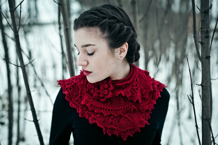 lace knitted scarf cherry red