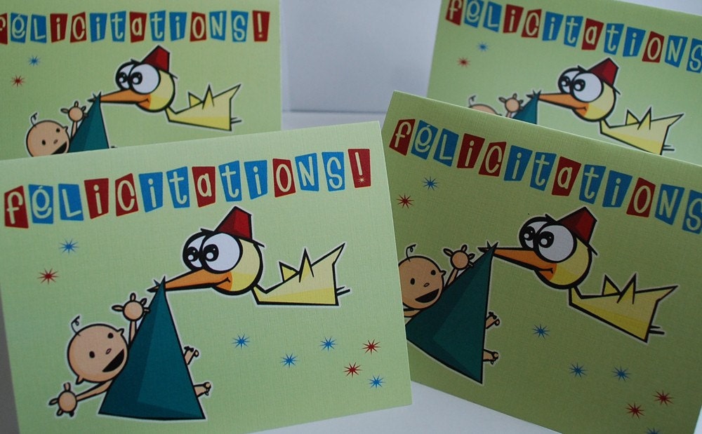 Half Off Sale Congratulations Felicitations Stork New Baby Birth Greeting Card Carte de Souhait