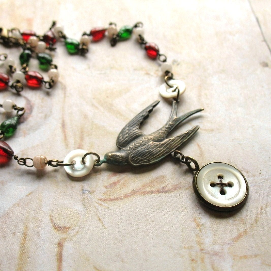 Free As A Bird - Handmade Vintage Inspired Necklace with Bird and Buttons