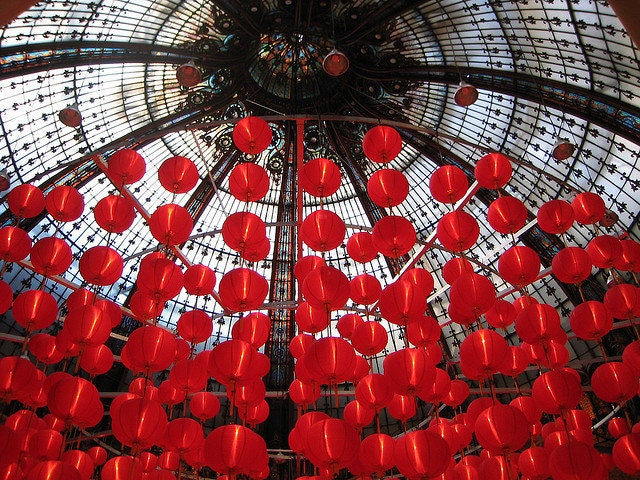 Red Balloons - Paris Photography - the Galleries Lafayette Ceiling 16x20 Metallic Photograph - affordable home decor - Paris, France