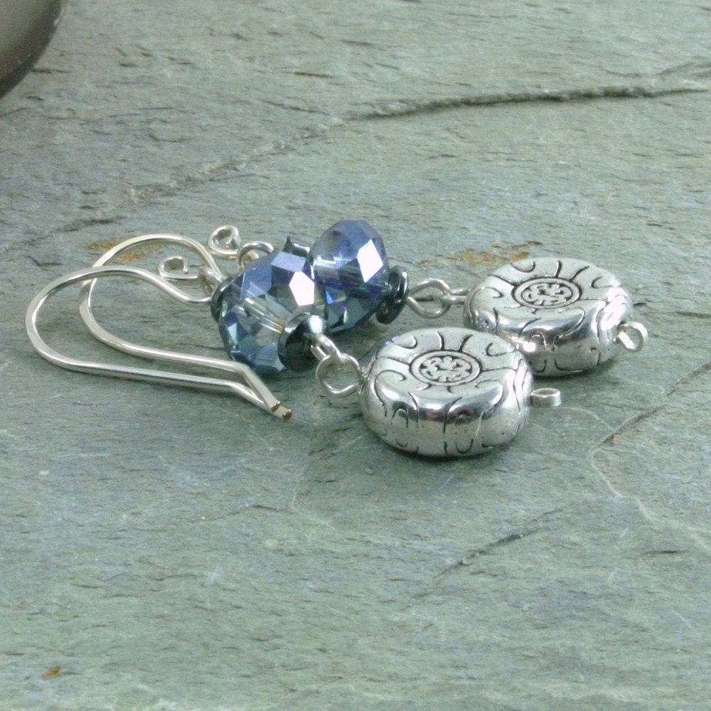 Blue Crystal Hematite Dangle Earrings Silver Gunmetal Periwinkle - Blue Lagoon Handcrafted