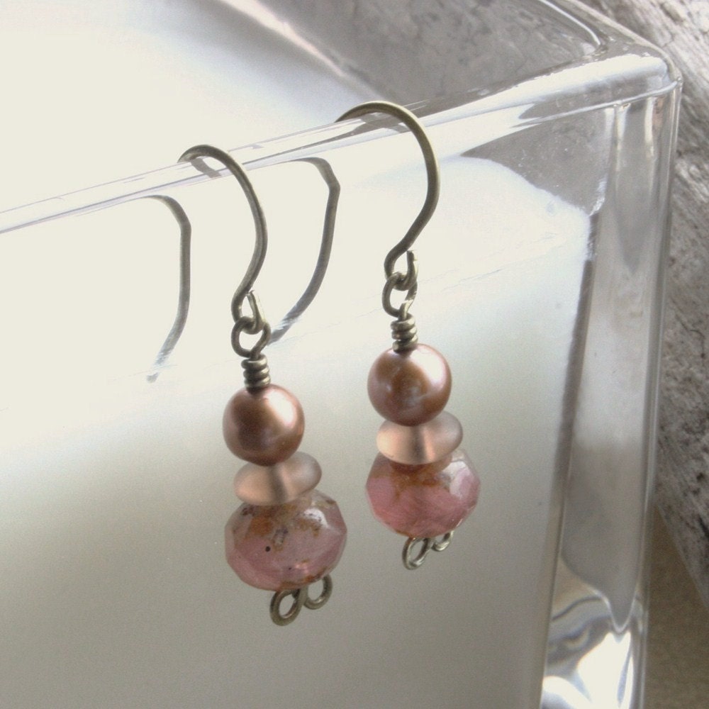 Rose Pink Mauve Earrings Freshwater Pearls Czech Glass Aged Brass Casual Work - Antiques and Roses Handcrafted