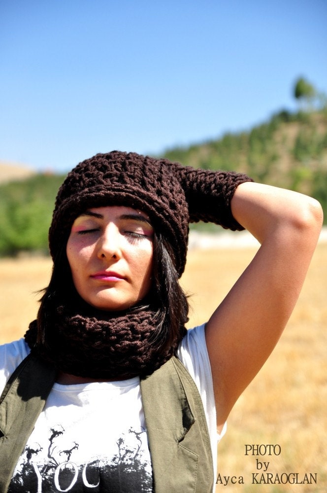Crochet tube neckwarmer and fingerless gloves set in dark brown