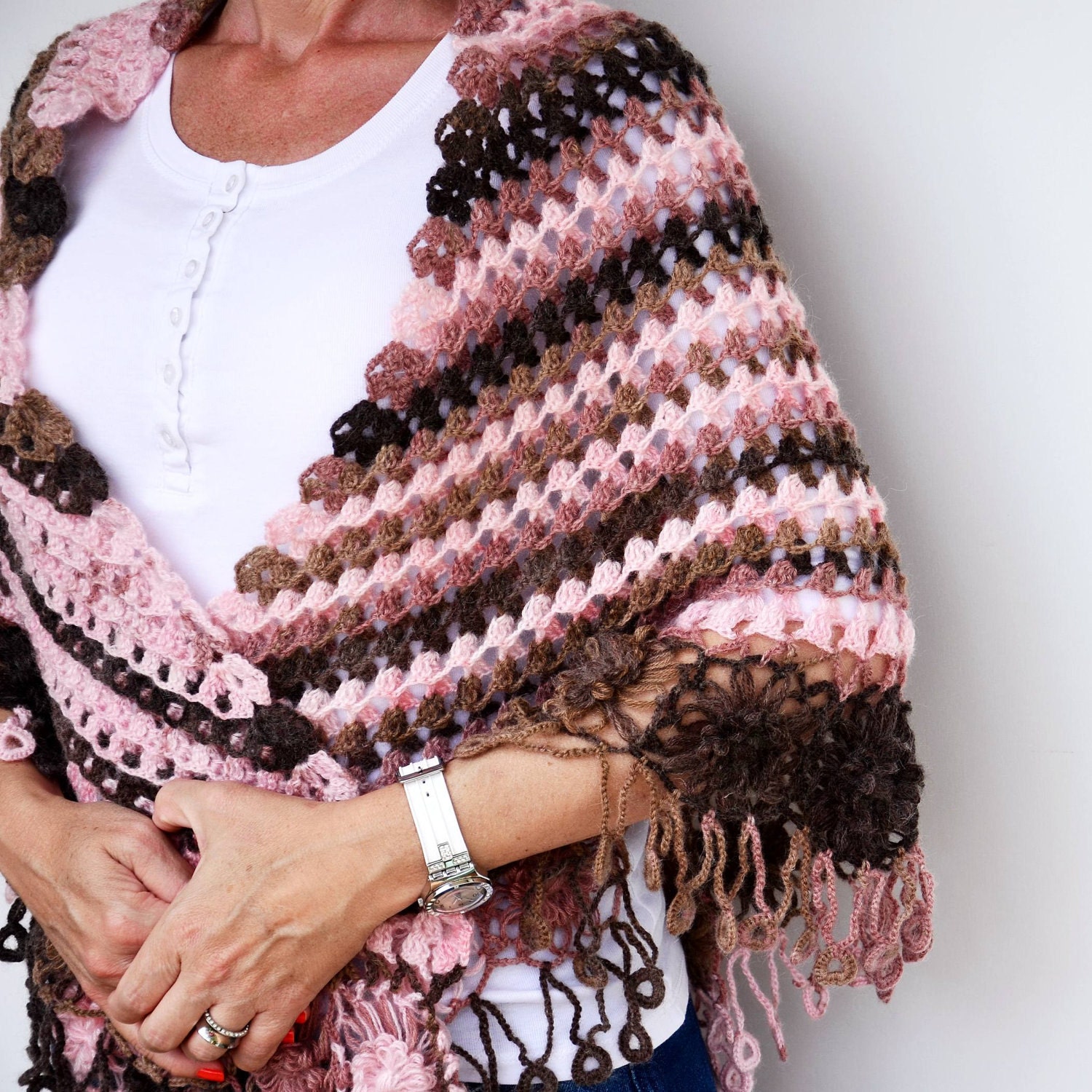 Fall Knit Fashion - Crochet  Shawl - Triangle Flowered w Heart Fringes - Pink Brown Chocolate Rose - Ready to ship