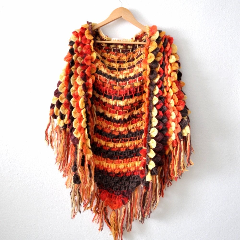 Fall foliage.. Crochet shawl.. Autumn Colors Rusty Red Crocodile w Fringe Wrap Stole Coffee Brown Orange Bamboo Mustard