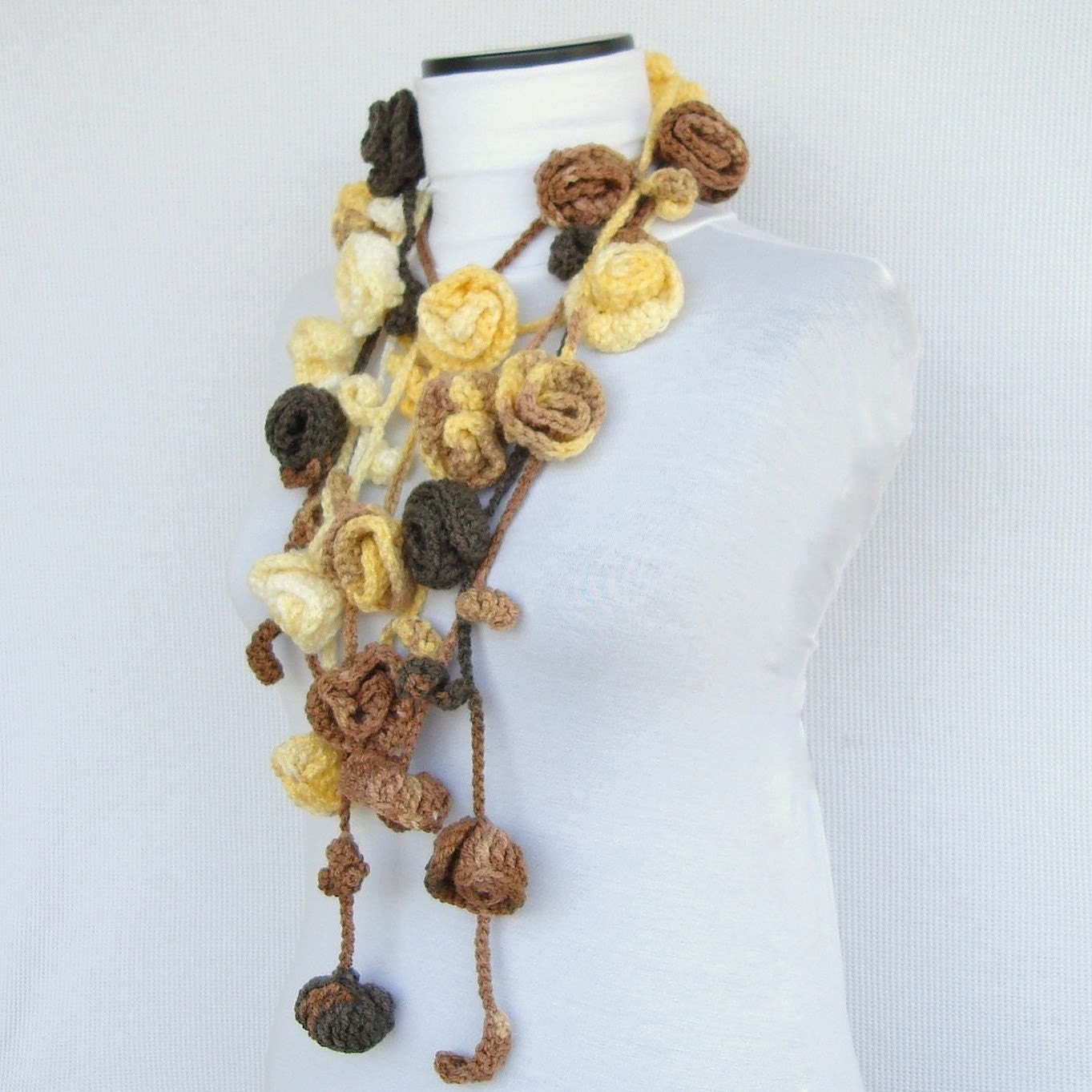 WAS 40...Turkish Roses and leaves lariat, belt, necklace ... Brown , tan , khaki , yellow ,white , mustard autumn colors