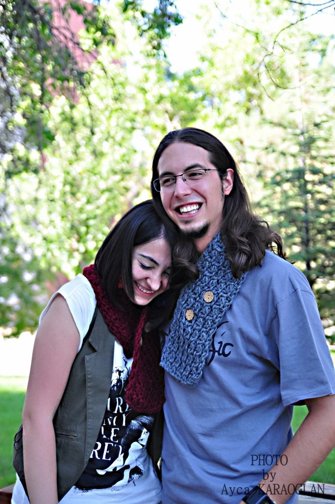 Wool scarf set - UNISEX Love concept crochet button up neckwarmer with coconut buttons 10 color option Valentine's Day