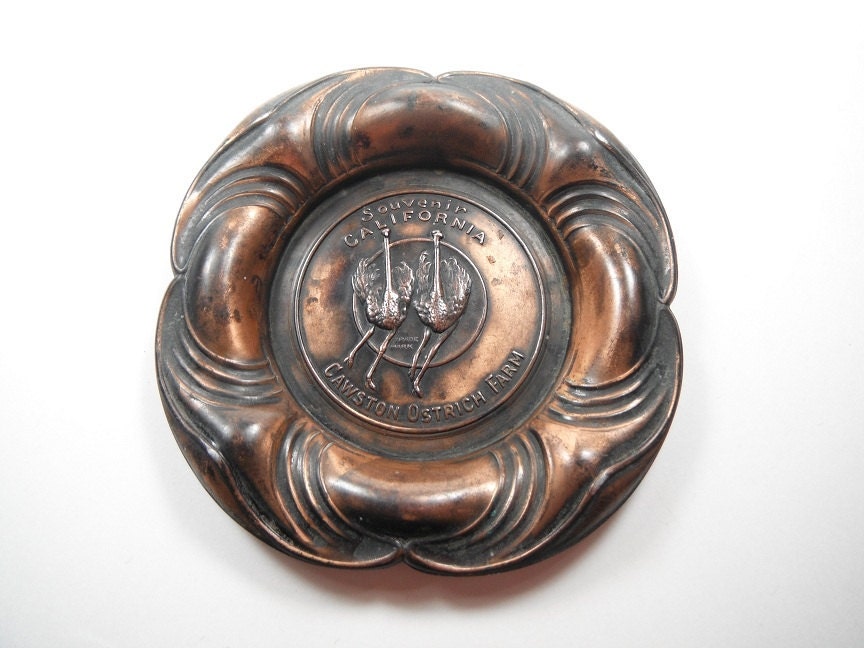 Vintage Cawston Ostrich Farm Souvenir Art Nouveau Metal Dish Ashtray