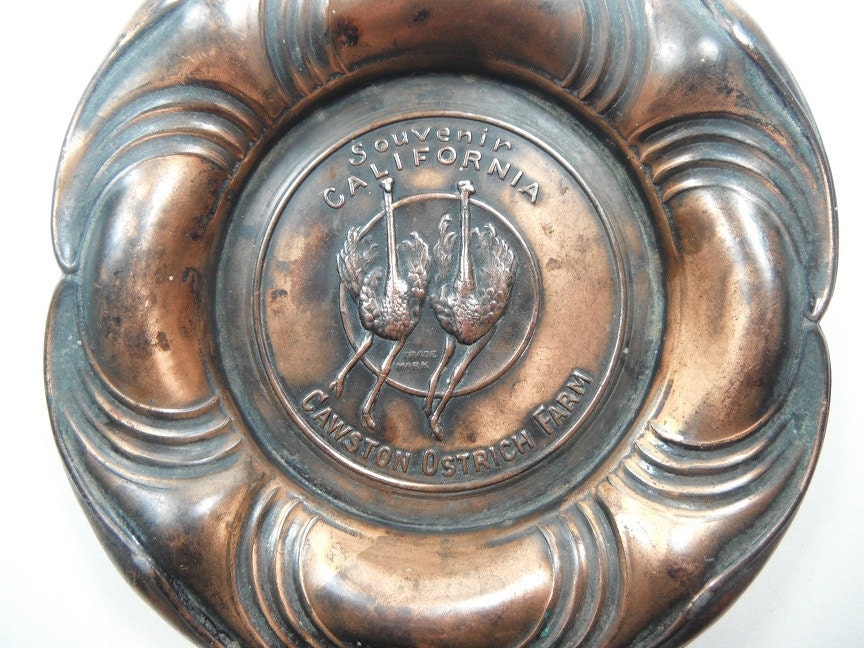 Vintage Cawston Ostrich Farm Souvenir Art Nouveau Metal Dish Ashtray