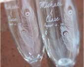 Peacock Feather- Engraved Wedding Glass Toasting Flutes