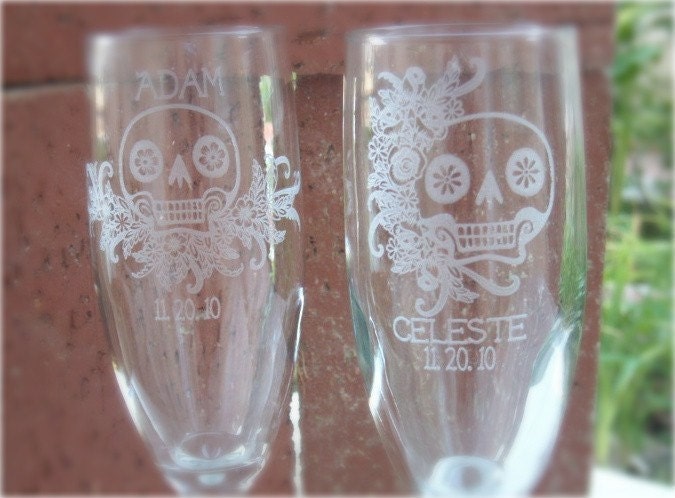 Sugar Skulls- Engraved Wedding Glass Toasting Flutes