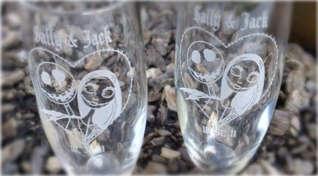 Jack Skellington and Sally Heart- Engraved Wedding Glass Toasting Flutes