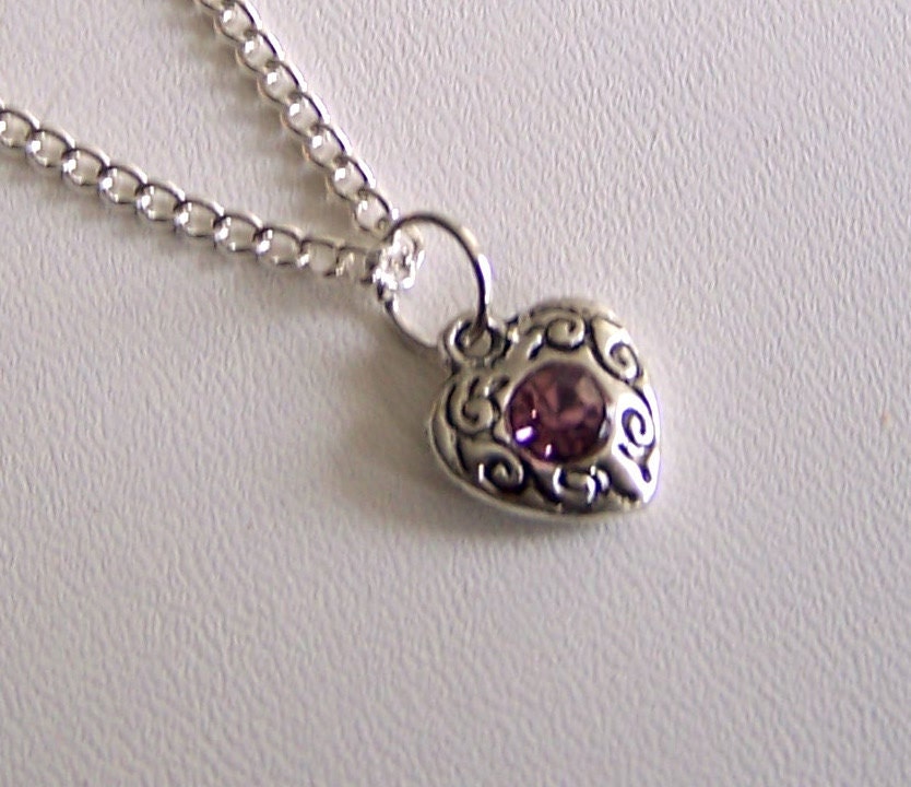 Amethyst crystal Heart Necklace - Heart Pendant - Rhinestone - light purple lavender - February birthstone  -Valentines Day   - silver